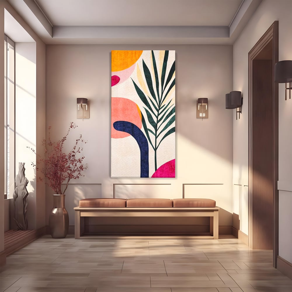 Tablou canvas cu ilustratie abstracta cu frunze de palmier, fara rama, pe sasiu de lemn